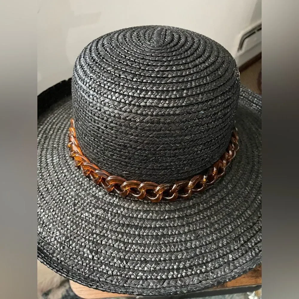Vintage Straw Hat With Plastic Chain Hat Band Black